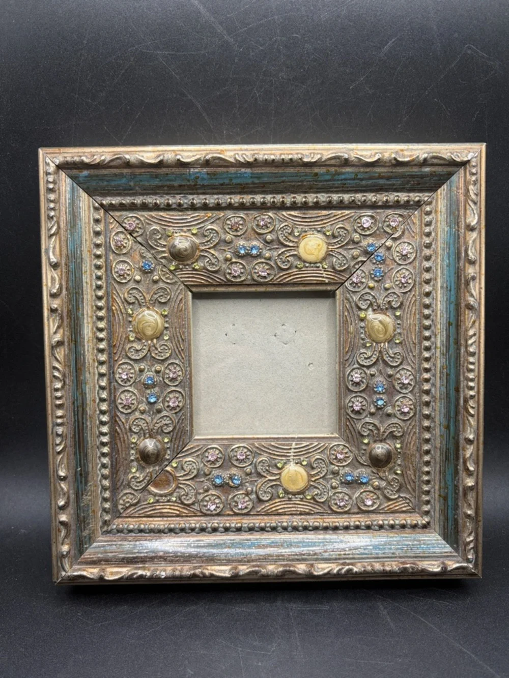 Vintage Bejeweled Crystal Enamel Gilt Wood Ornate Picture Frame Photo Display